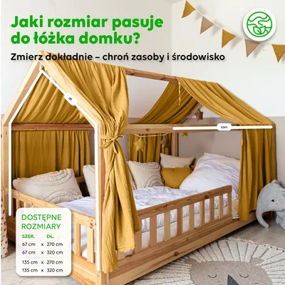 Zdjęcie produktu dla Baldachim do łóżka domku 67x320 cm musztardowy ze złotą aplikacją - 2 pasy tkaniny