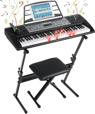 Zdjęcie produktu dla Elektroniczny instrument klawiszowy - pianino z 61 klawiszami dla początkujących - z podestem i taboretem - wyświetlacz LCD - złącze MP3/USB - podnóżek na nuty - zasilanie z baterii lub zasilacza