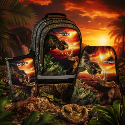 Produktbild von 3in1 Dinosaurier SCHULRUCKSACK SCHULRANZEN Set Ranzen Federmäppchen Turnbeutel fur jungen T-REX DINO Tyrannosaurus