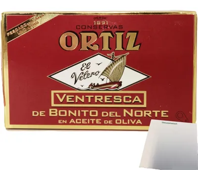 Produktbild von Conservas Ortiz Ventresca de Bonito del Norte, weißer Thunfischbauch in Olivenöl (110g Dose) + usy Block