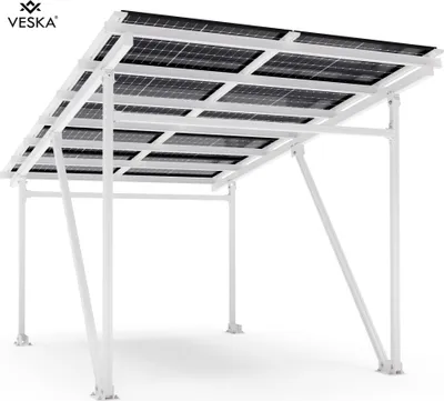 A white solar carport structure with solar panels mounted on top, viewed from a low angle.