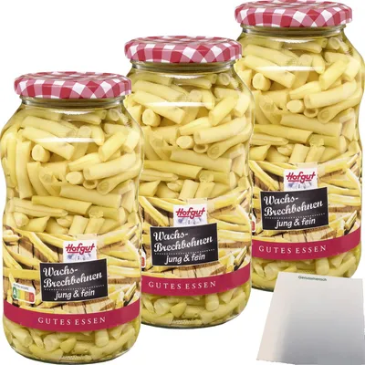 Produktbild von Hofgut Wachsbrechbohnen 3er Pack (3x720ml Glas) + usy Block