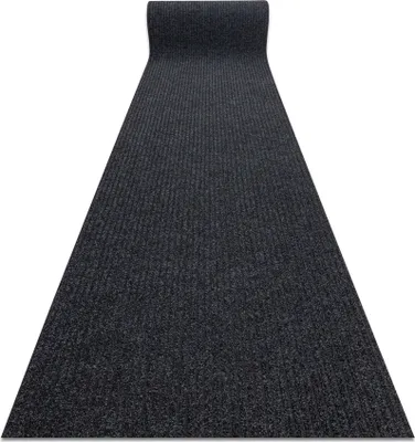 A dark gray ribbed runner rug is rolled up at one end and laid out on a white background.