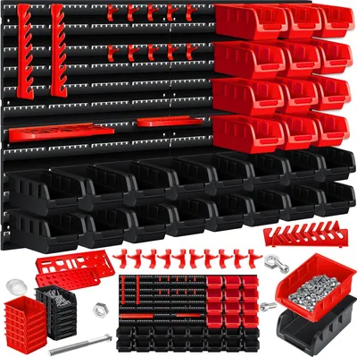 Produktbild von MASKO® Wandregal + Stapelboxen + Werkzeughalter | 45 tlg Box | Erweiterbar | Werkstattregal Lagerregal Steckregal Set Box | Sichtlagerkästen | Kleinteilemagazin | Sortimentskasten | Werkstatt |