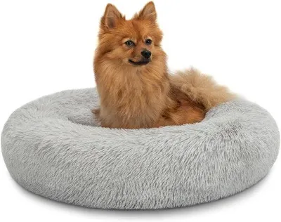 Produktbild von Kuschelbett für Hunde und Katzen – Flauschiges, rundes Hundebett mit extra dicker Polsterung – Weiches Katzenbett aus kuscheligem Plüsch – Hellgrau – Durchmesser 60 cm