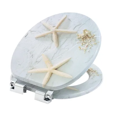 A toilet seat with a marble-like pattern and starfish and coral decorations.