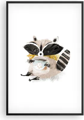 Produktbild von Gerahmtes Poster - Schwarzer Rahmen - Waschbär Tasse Kinder - 61x91,5 cm - Wand Bild - Wanddeko - Wandbilder - Kunstposter - Wandposter - Bilderrahmen - Bilder - Kunstdruck - P2BPA61x91-4716