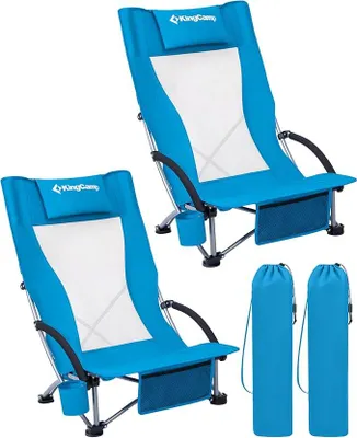 Immagine prodotto di Set di 2 sedie pieghevoli per la spiaggia, particolarmente stabili, con capacità di carico fino a 180 kg, colore blu. Le sedie includono poggiatesta, borsa per il trasporto, portabicchieri e schienale a rete, ideali per la spiaggia, il campeggio, i festival e altre attività all'aperto