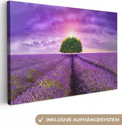 Produktbild von MuchoWow® - Leinwandbilder - Lavendel - Baum - Lila - Wolken, Wandbild, Wanddeko Bilder Wohnzimmer, 120x80 cm