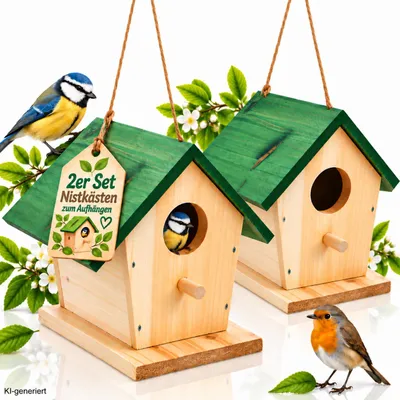 Produktbild von 2er Set Nistkasten aus Holz zum Aufhängen – Vogelhaus Nisthilfe für Meisen & kleine Wildvögel – Meisenhaus für Garten, Balkon & Terrasse