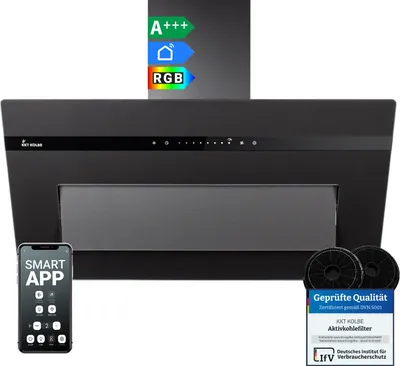 Produktbild von KKT KOLBE A+++ Dunstabzugshaube 90 cm 782 cbm/h Umluft Abluft Kopffrei Wandhaube | Glas Matt Schwarz | Nachlaufautomatik | Smart WiFi App WLAN | SensorTouch | RGBW LED-Beleuchtung | PLOOM9005S