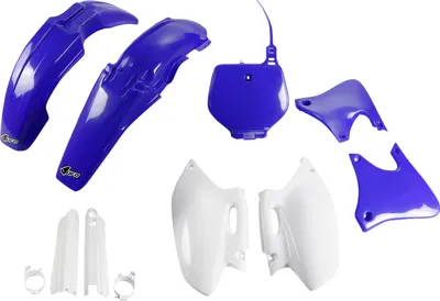 Image de Kit de carénage UFO PLAST, 9 pièces, ensemble de carénage en plastique avec protection de fourche pour Yamaha YZ F 400 cm³, années 1998-1999, couleur : bleu / blanc
