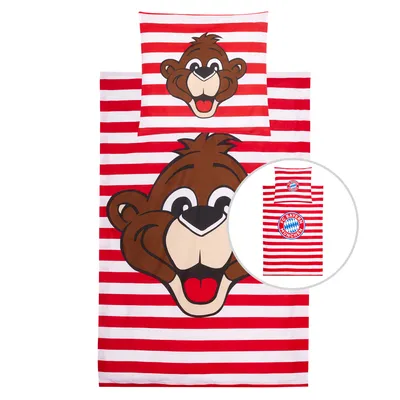 A bedding set with a cartoon bear design and red and white stripes.