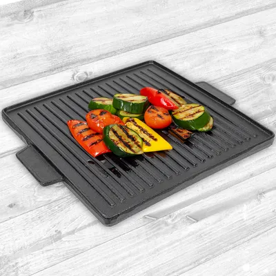 Produktbild von Kochmann Gusseisen Grillplatte 45x38cm – beidseitig nutzbar – Hochwertige Grillpfanne für Outdoor-Küche, Gasgrill, Holzkohlegrill - KEG05