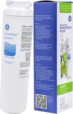 A GE SmartWater refrigerator filter cartridge and its packaging.