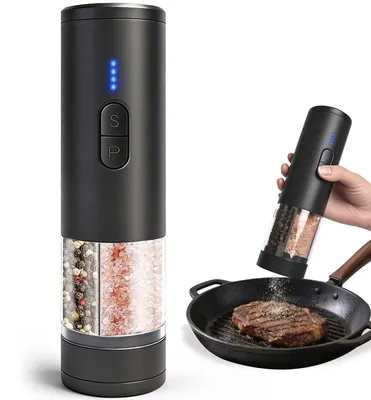 Produktbild von Elektrische Salz- und Pfeffermühle 2in1 Doppelkammer 800mAh USB-C Keramikmahlwerk LED Licht einstellbarer Mahlgrad für Küche BBQ