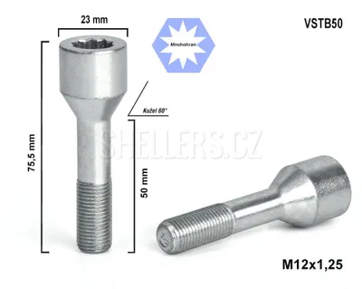 Obrázek produktu pro Kolový šroub M12x1,25x50 kužel s vnitřním mnohohranem, VSTB50, Ø 23mm výška 75,5 mm