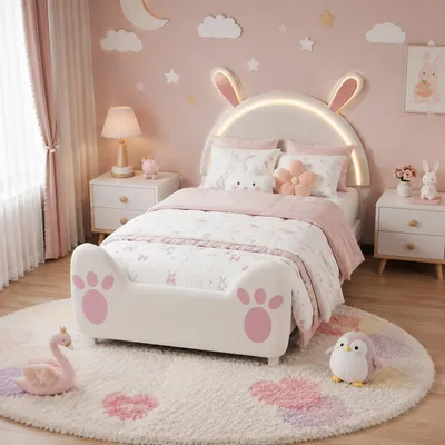 Zdjęcie produktu dla Łóżeczko dziecięce INONEFT, 90 x 200 cm, łóżko tapicerowane z zagłówkiem w kształcie królika i podświetleniem LED, łóżko młodzieżowe z listwowym podłożem, łóżko jednoosobowe, aksamit, białe i różowe, Obraz wygenerowany przez AI