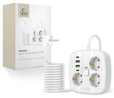 Produktbild von Tech-Protect Pcs3X4 Steckdosenleiste, 3 Netzsteckdosen, 2Xusb-A, 2Xusb-C 200 cm - Weiß