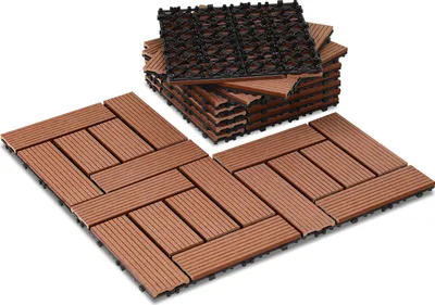 Obrázok produktu pre Jayseuw 1 meter štvorcový terasových dlaždíc, 30x30cm WPC dlaždice, 11 kusov click dlaždíc, balkónové dlaždice, drevené dlaždice, odolné voči poveternostným vplyvom, protišmykové, hnedé - 6 pásov