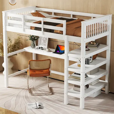 Produktbild von Kinderhochbett mit Schreibtisch & Ablagefächern, ohne Matratze, 90x200cm, Weiß