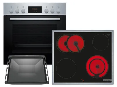 Produktbild von Bosch HND211FH61 (HEF113BS1+NKN645GA2E+HEZ431002 Backblech), Zonen-Induktionskochfeld, 4 Zone(n), Glaskeramik, Schwarz, Berührung, 58,3 cm