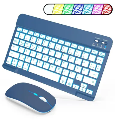 Produktbild von Tastatur mit Maus kabellose Bluetooth Tastaturen mit 7-Farbiger Hintergrundbeleuchtung Ultra Slim Tastature kompatible mit Windows Android Dunkelblau