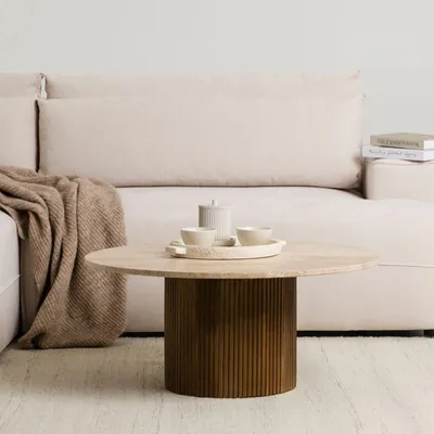 Produktbild von Couchtisch NARMADA aus Travertin und massivem Mangoholz, Braun - rund 80 cm, Beistelltisch in Marmor Optik, Wohnzimmertisch aus Naturstein, Travertintisch, Clubtisch modern, Coffee Table