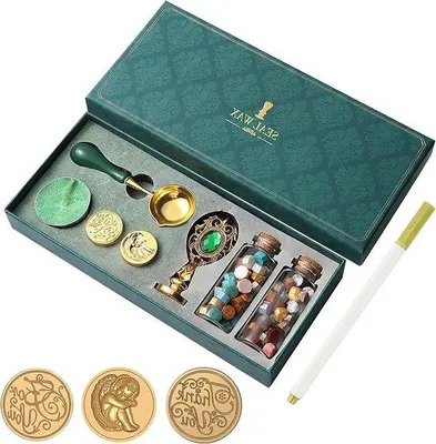 Produktbild von Famanu Wachssiegel Set Geschenkbox - 3 Stück - Wachssiegelstempelköpfe - mehrfarbige Wachskugeln - achteckige Wachssiegel Set