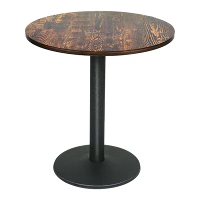A round bistro table with a wood-grain top and a black pedestal base, isolated on a white background.