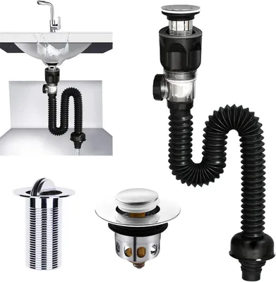 Immagine prodotto di Sifone con gruppo di scarico - Tappo per lavabo - Lavabo da bagno - Sifone salvaspazio per lavello da cucina - Regolabile da 300 a 955 mm