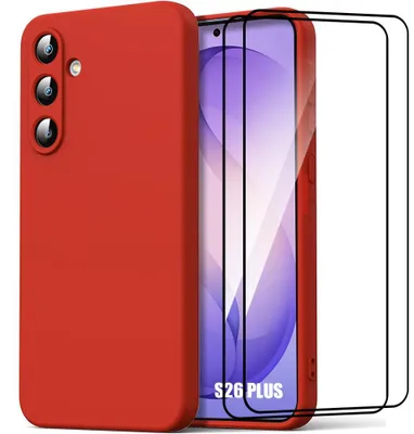 Image de Coque + 2 Verres Trempés pour Samsung Galaxy S26 Plus, Protection Silicone Souple Doux Slim Anti-Rayures Rouge
