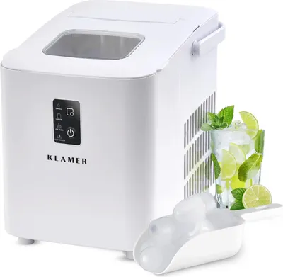 Produktbild von KLAMER Eiswürfelmaschine klein (2025), 8 Eiswürfel in 8 Minuten, 11 kg Eiswürfel pro Tag, 2 Eiswürfelgrößen, 1 L Wassertank, Geräuscharmer Eiswürfelbereiter mit Eisschaufel und Tragegriff