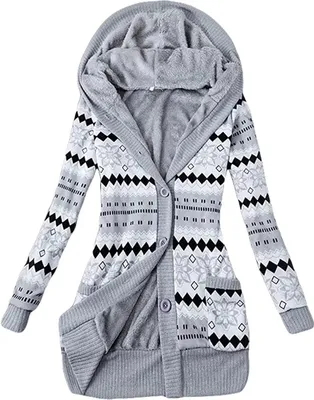 Produktbild von ASKSA Damen Drucken Strickpullover Strickjacke Knopf Plüschjacke mit Taschen Mittellange Sweater, Grau, 3XL