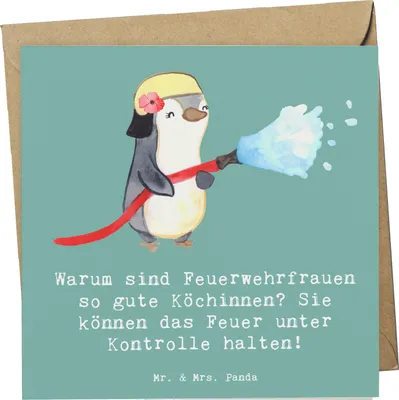 Produktbild von Mr. & Mrs. Panda Klappkarte Feuerwehrfrau Köchin - Meeresbrise - Geschenk, Brände löschen, Grußkarte, faltkarte, Beruf, anlasskarte, Kraft, Geschenke, handgefertigte