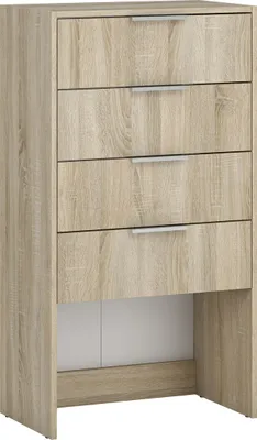 A chest of drawers with a wood-grain finish against a white background.