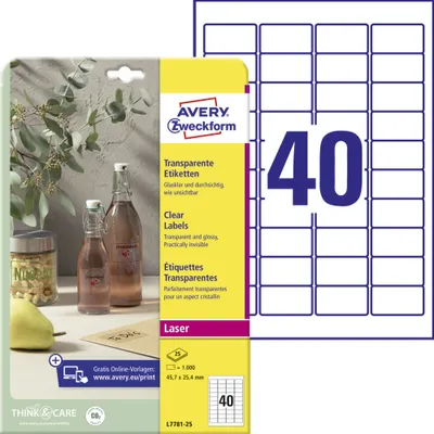 Produktbild von Avery Zweckform L7781-25 Transparente Etiketten, A4, 45,7 x 25,4 mm, 25 Bogen/1.000 Etiketten, transparent