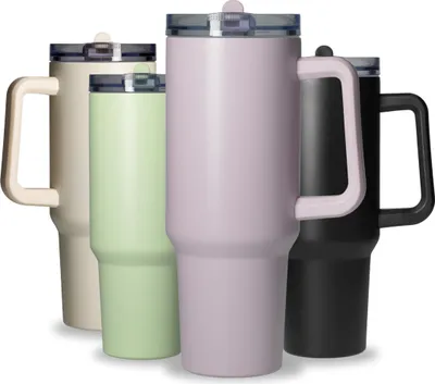 Produktbild von Trinkbecher aus Edelstahl 1,2 L 'Tampa' - Trinkbecher mit Deckel und Strohhalm - Isolierbecher für warme und kalte Getränke - Flasche mit Strohhalm eignet sich perfekt für unterwegs lila