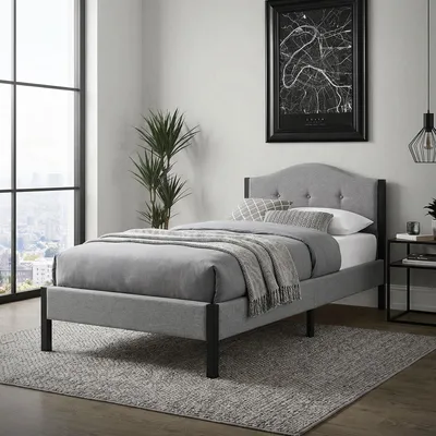 Immagine prodotto di Letto imbottito ML-Design, 90x200 cm, grigio. Letto singolo con struttura robusta, telaio con poggiatesta e rete a doghe. Letto moderno per giovani, rivestito in tessuto di lino