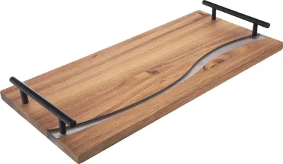 Image de Plateau de service, bois d'acacia, poignées pratiques, marron