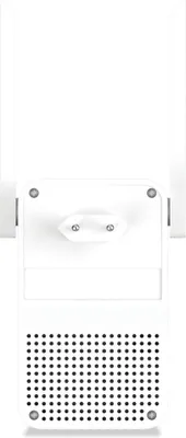 A white WiFi repeater is shown from the back, plugged into a wall socket.