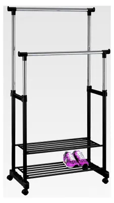 Produktbild von Kleiderständer Rollgarderobe NELMA, mit 2 Ablagen und Kleiderstangen, 4 Rollen, schwarz Chrom