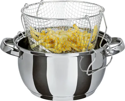 Produktbild von GSW Frittiertopf (Pommes-Frites-Topf) 22cm, Edelstahl, Glas, Frittiertopf mit Glasdeckel ø ca. 22 x H 11,5cm / Frittiereinsatz