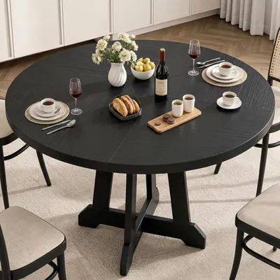 Image de Table ronde - Table de cuisine pour 4 à 6 personnes - Bois avec structure en croix - Pieds réglables - Style moderne - Noir