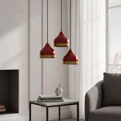 Produktbild von Opviq, Moderne Roten Kronleuchter, Metallkörper, Höhenverstellbar (25-111 cm), Ø30 cm Basisplatte, 3 x E27 Fassung, Max 40 W, IP20, Ideal für Hotel & modernes Zuhause.