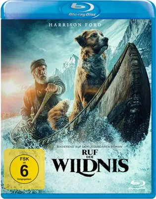 A Blu-ray disc case for the movie 'The Call of the Wild' featuring Harrison Ford and a dog in a canoe.