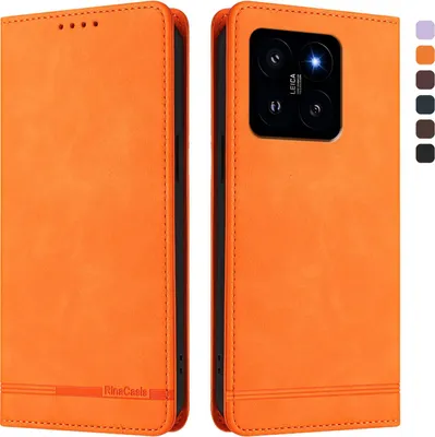Produktbild von Hülle für Xiaomi 14, Retro Kunstleder Ständer Klapphülle mit Kartenfächer und Magnetische Orange