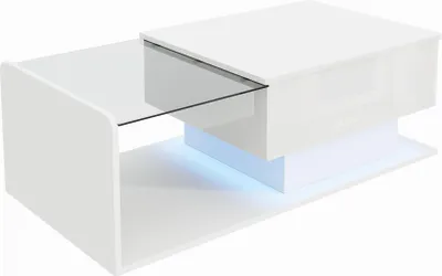 Obrázek produktu pro okwish Konferenční stůl s LED osvětlením a skleněnou deskou, výškově nastavitelný příruční stolek, konferenční stolek s ukrytým úložným prostorem, vysoký lesk, bílý
