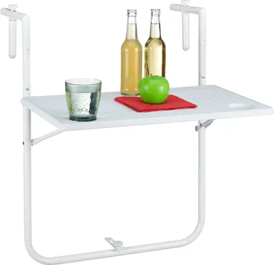 Produktbild von Relaxdays Balkon Hängetisch, klappbar, 3-Fach höhenverstellbar, Tischplatte in Rattanoptik, B x T:  59,5 x 36 cm, weiß
