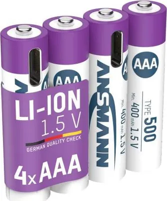 Produktbild von Ansmann Micro AAA 1,5V Lithium-Ionen Akkus, min. 400mAh typ. 500mAh, inkl. 4in1 USB-C Ladekabel, 4er Papierblister
